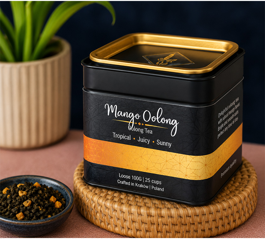 Mango Oolong Leo Tea – elegancka puszka, doypack i kubek prezentowy